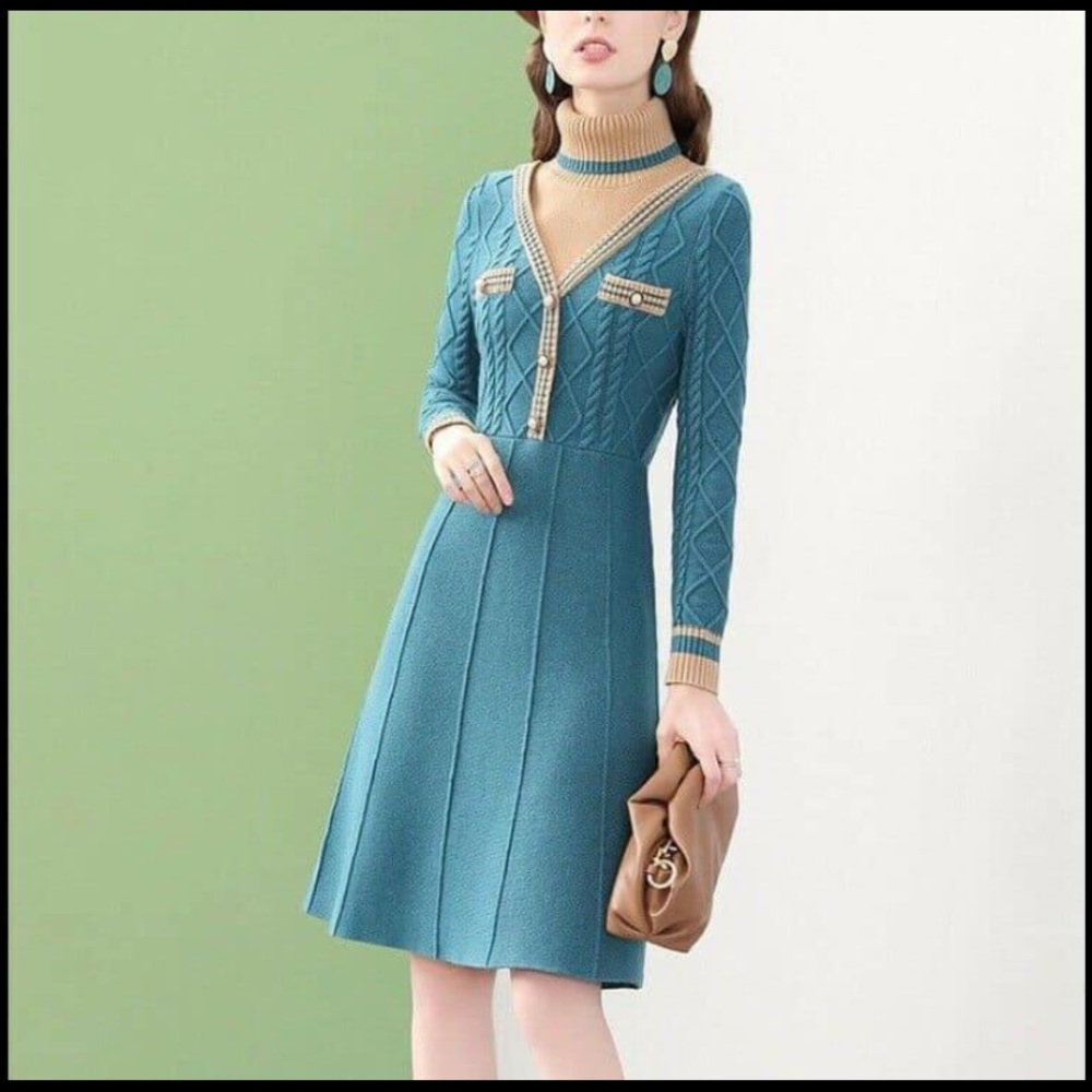 Women's Turtleneck Color Block Sweater Dress
